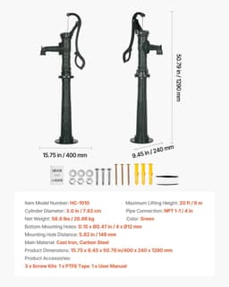 image-VEVOR Well Hand Pitcher Pump, 20 ft Max Lift, Antique Cast Iron Manual Hand Water Pump with Heightening Base, NPT 1-1/4 in Connection, Easy Installation, for Outdoor Garden, Pond, Yard, Farm, Green