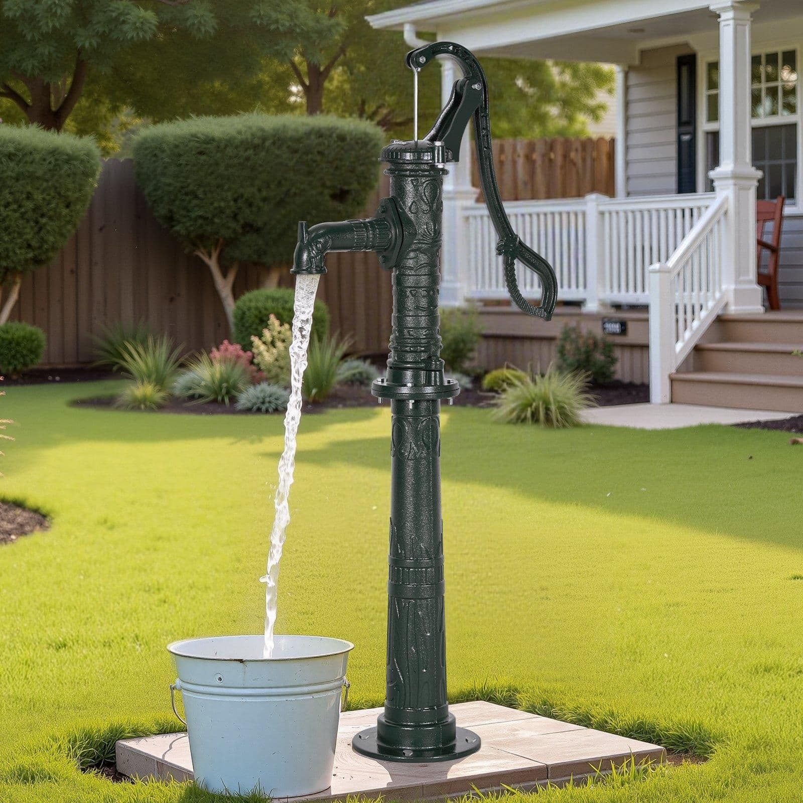 image-VEVOR Well Hand Pitcher Pump, 20 ft Max Lift, Antique Cast Iron Manual Hand Water Pump with Heightening Base, NPT 1-1/4 in Connection, Easy Installation, for Outdoor Garden, Pond, Yard, Farm, Green