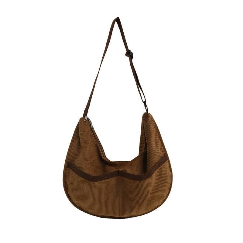 image-Retro Corduroy Dumpling Bag - Large Velvet Art Bag - Coffee Color