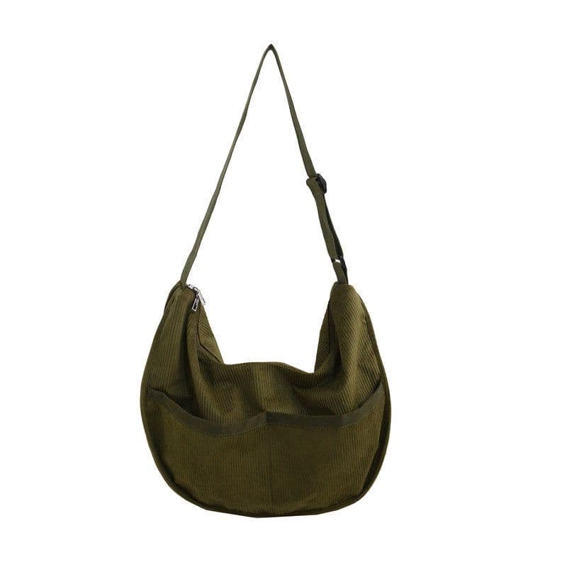 image-Retro Corduroy Dumpling Bag - Large Velvet Art Bag - Coffee Color