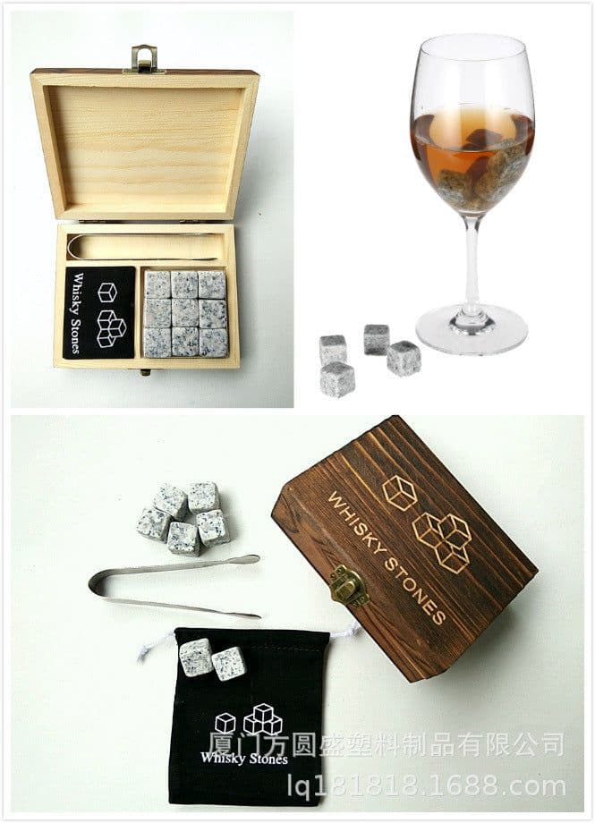 image-Wooden Whiskey Stone Set with Tweezers - Granite Ice Wine Stone