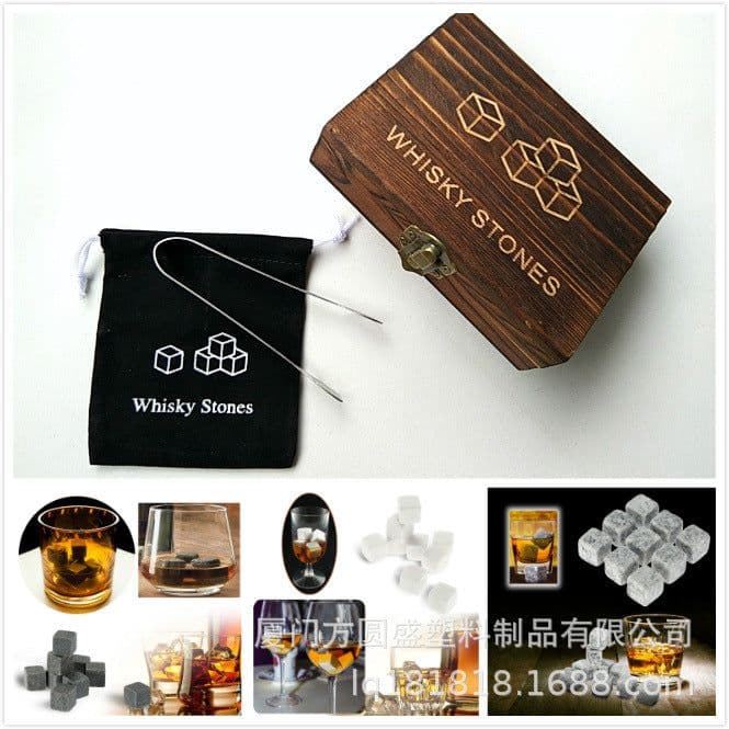 image-Wooden Whiskey Stone Set with Tweezers - Granite Ice Wine Stone
