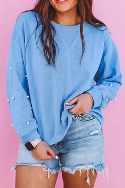 image-Blossom Pearled Sleeves Drop Shoulder Pullover Sweatshirt
