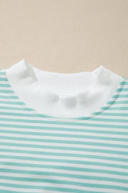 image-Sky Blue Stripe Cuffed Sleeve Contrast Mock Neck Tee Casual 2pcs Short Set