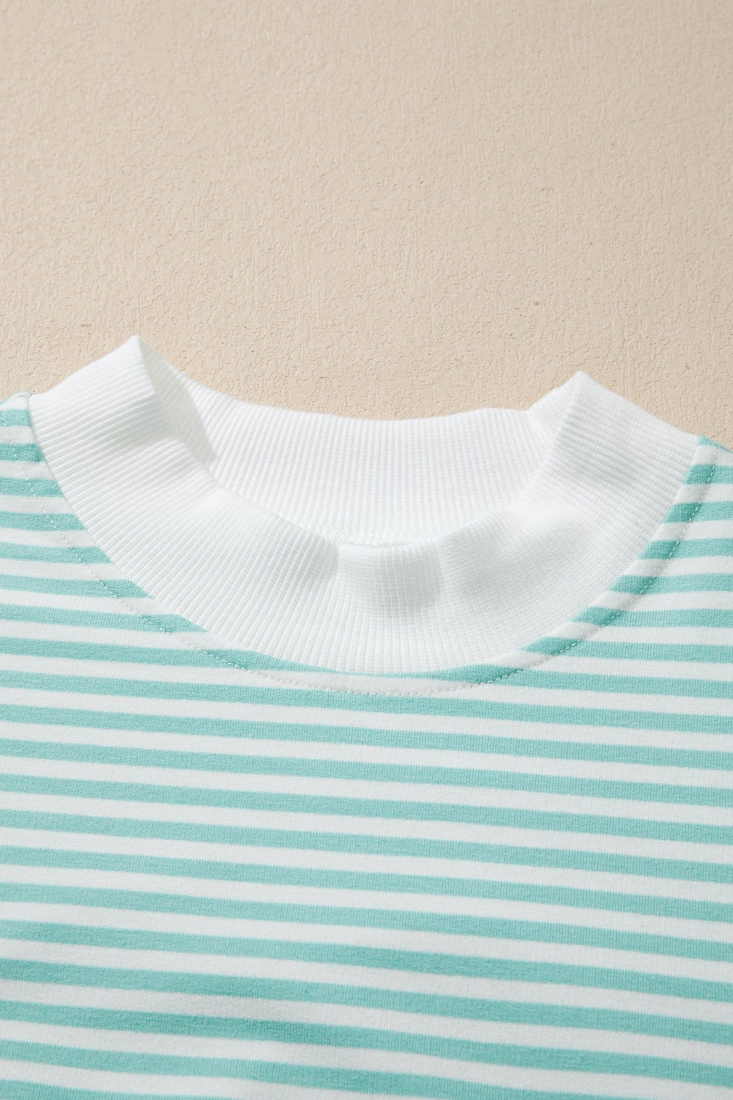 image-Sky Blue Stripe Cuffed Sleeve Contrast Mock Neck Tee Casual 2pcs Short Set