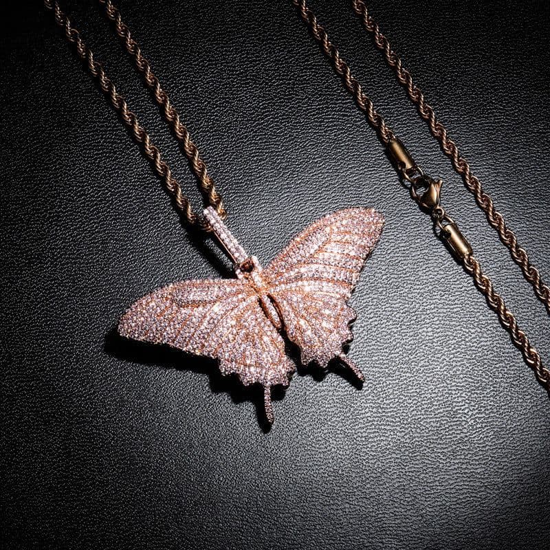 image-European and American pink butterfly small pendant Butterfly hip-hop men and women couple necklace accessories sweater chain Jin O