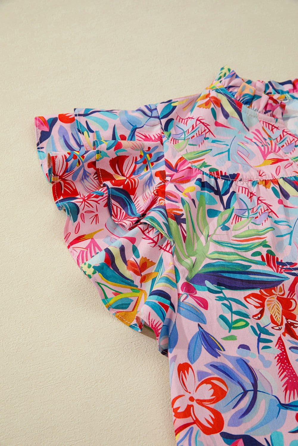 image-Pink Tropical Floral Blouse - Frilly Notched Neck