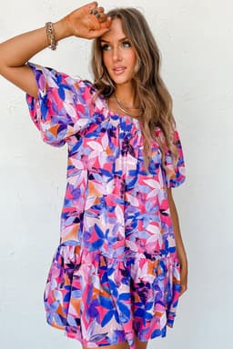 image-Purple Ruffled Short Sleeve Floral Print Dress - Sizes Available (59 characters)