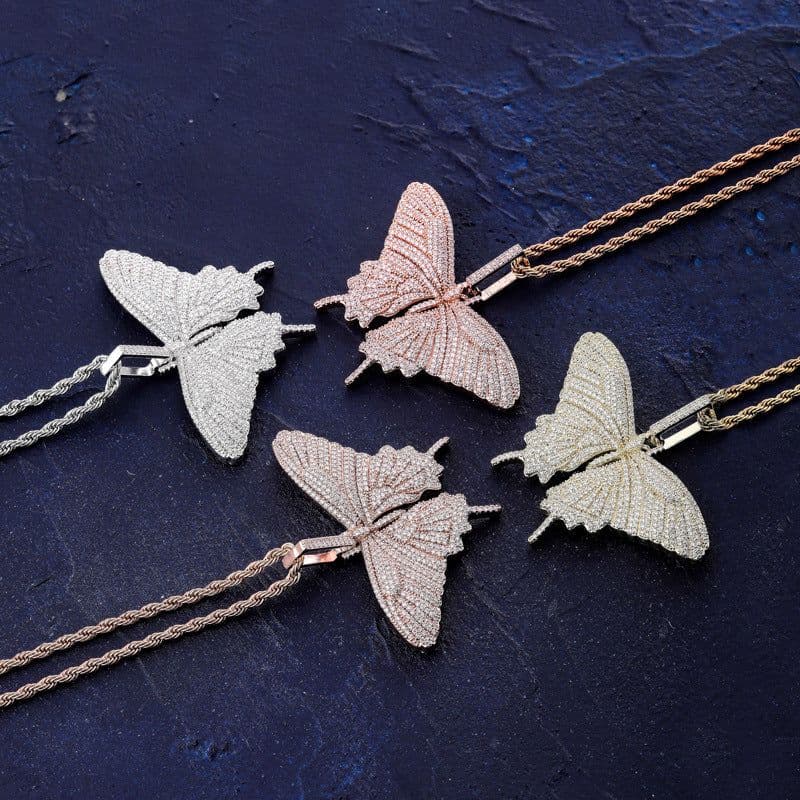 image-European and American pink butterfly small pendant Butterfly hip-hop men and women couple necklace accessories sweater chain Jin O