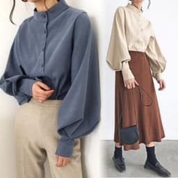 image-Blue Stand-Collar Lantern Sleeve Shirt XL Loose