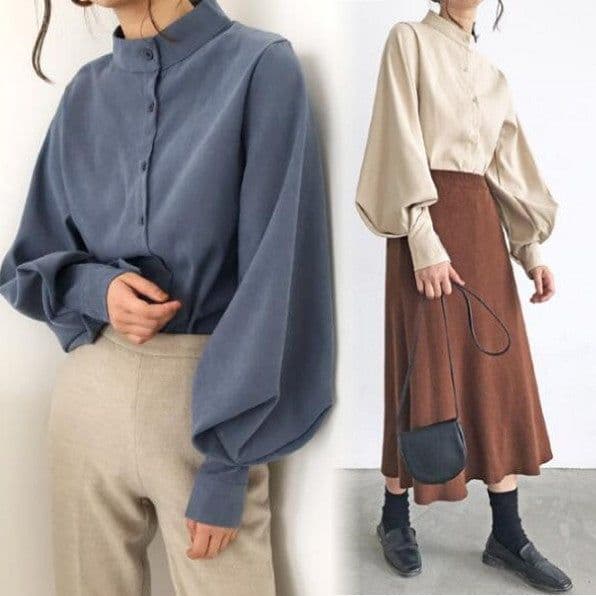 image-Blue Stand-Collar Lantern Sleeve Shirt XL Loose