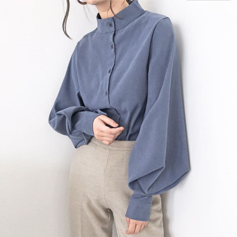 image-Blue Stand-Collar Lantern Sleeve Shirt XL Loose