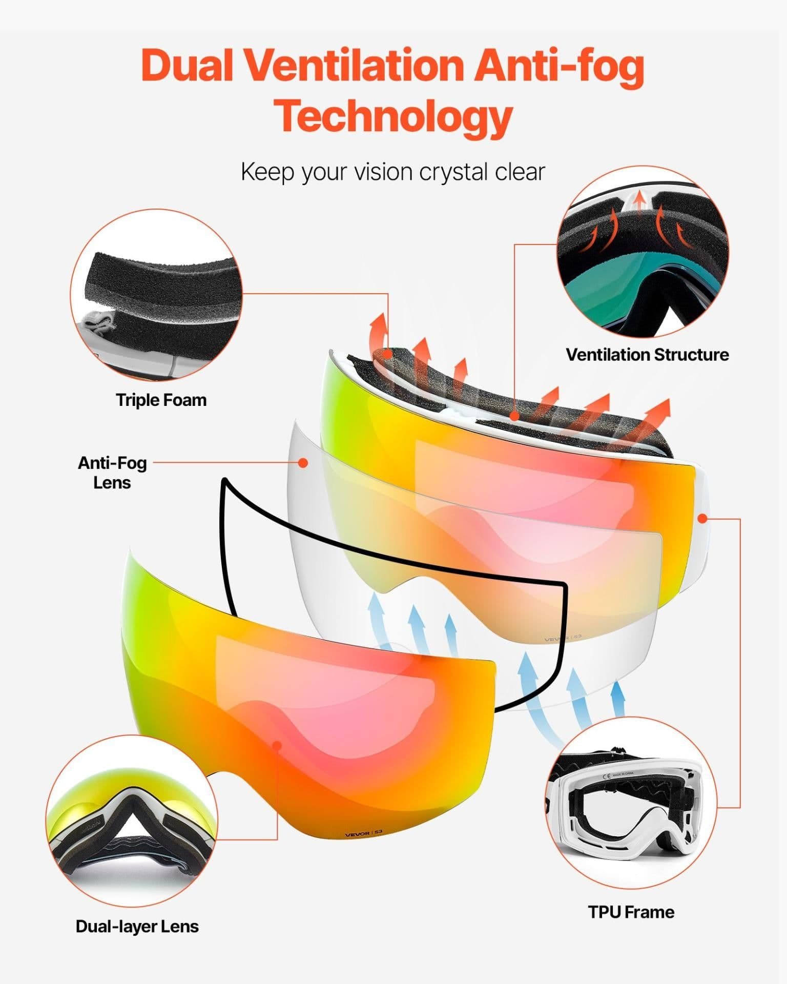 image-VEVOR Frameless Ski Goggles - Pink Revo Lens OTG Anti-fog
