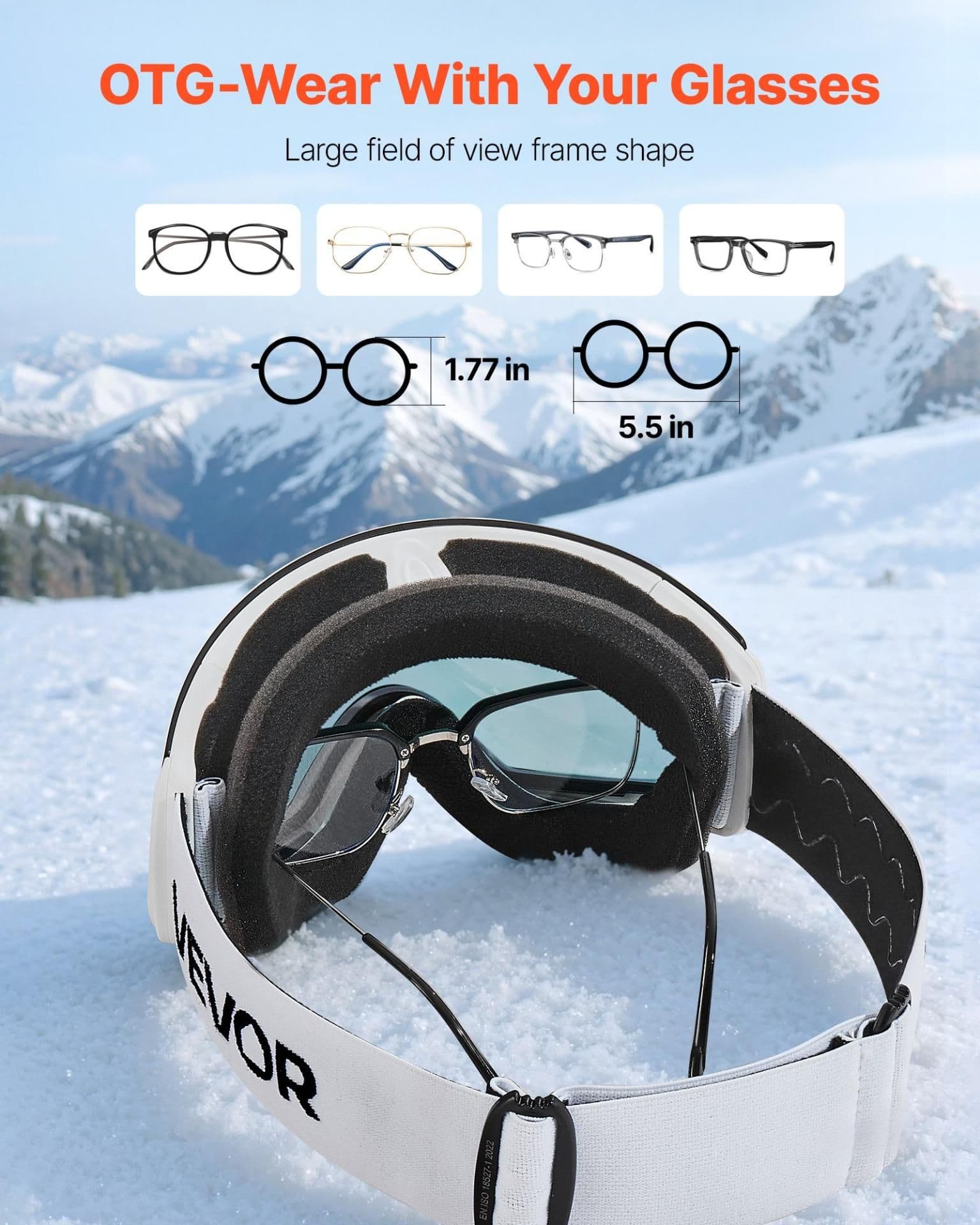 image-VEVOR Frameless Ski Goggles - Pink Revo Lens OTG Anti-fog