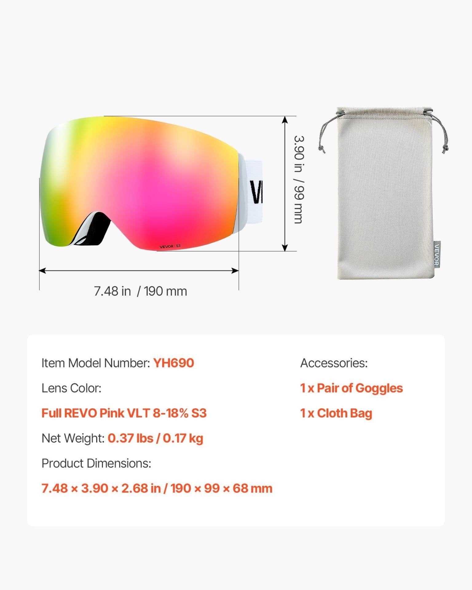 image-VEVOR Frameless Ski Goggles - Pink Revo Lens OTG Anti-fog