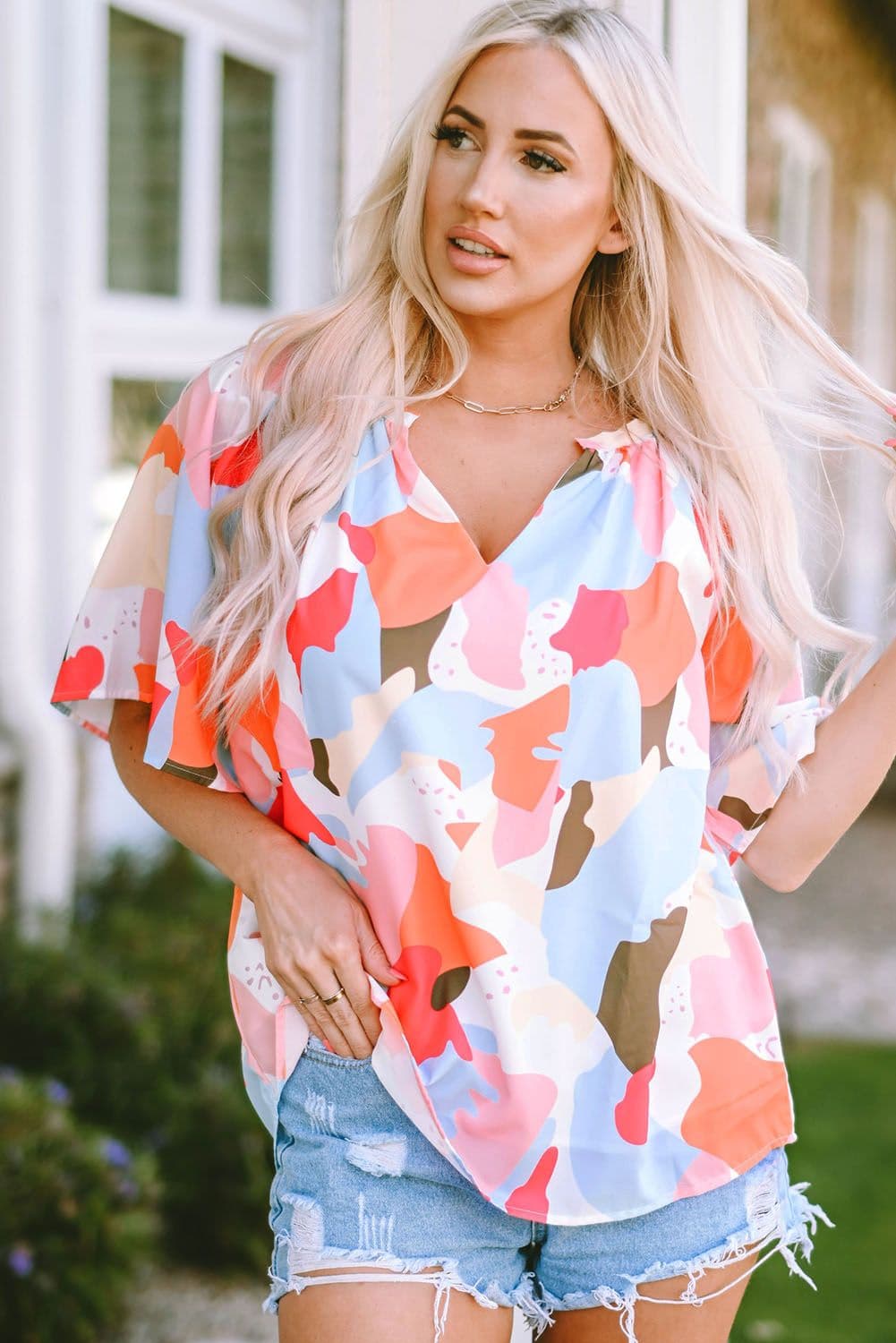 image-Multicolor Floral Print V Neck Half Sleeve Blouse