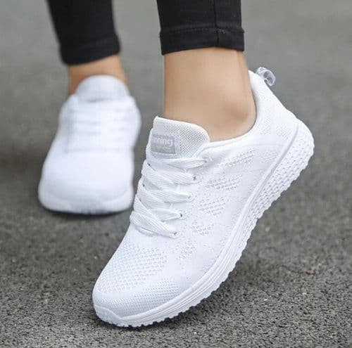 image-Women's Sports Sneakers - Mesh Upper, Low Wedge Heel