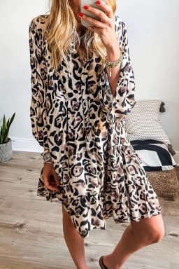 image-Leopard Print Dress - Buttoned Front 3/4 Sleeves, Tiered Ruffled Hem, Black (65 characters)