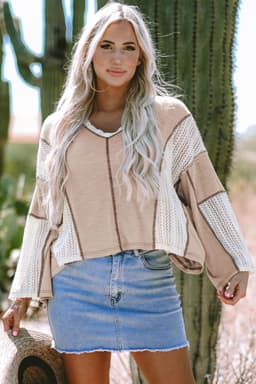image-Crochet Detail High Low Top - Loose Fit, Vintage Style, Exposed Seam (59 characters)