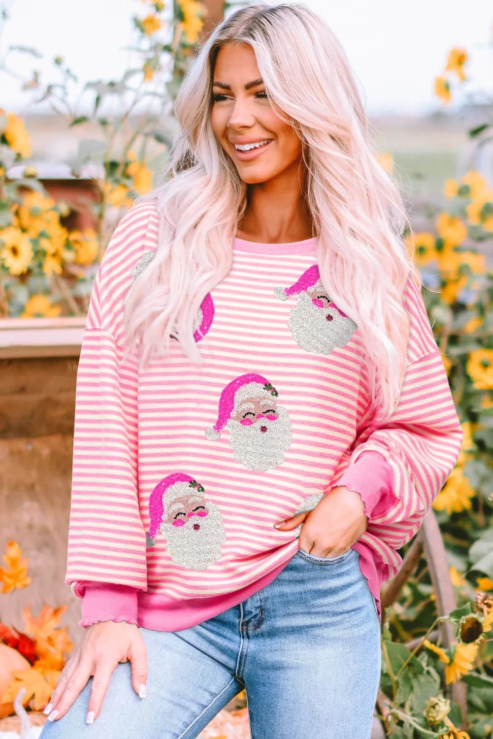 image-Santa Clause Print Drop Shoulder Long Sleeve Loose Top - Pink Stripe