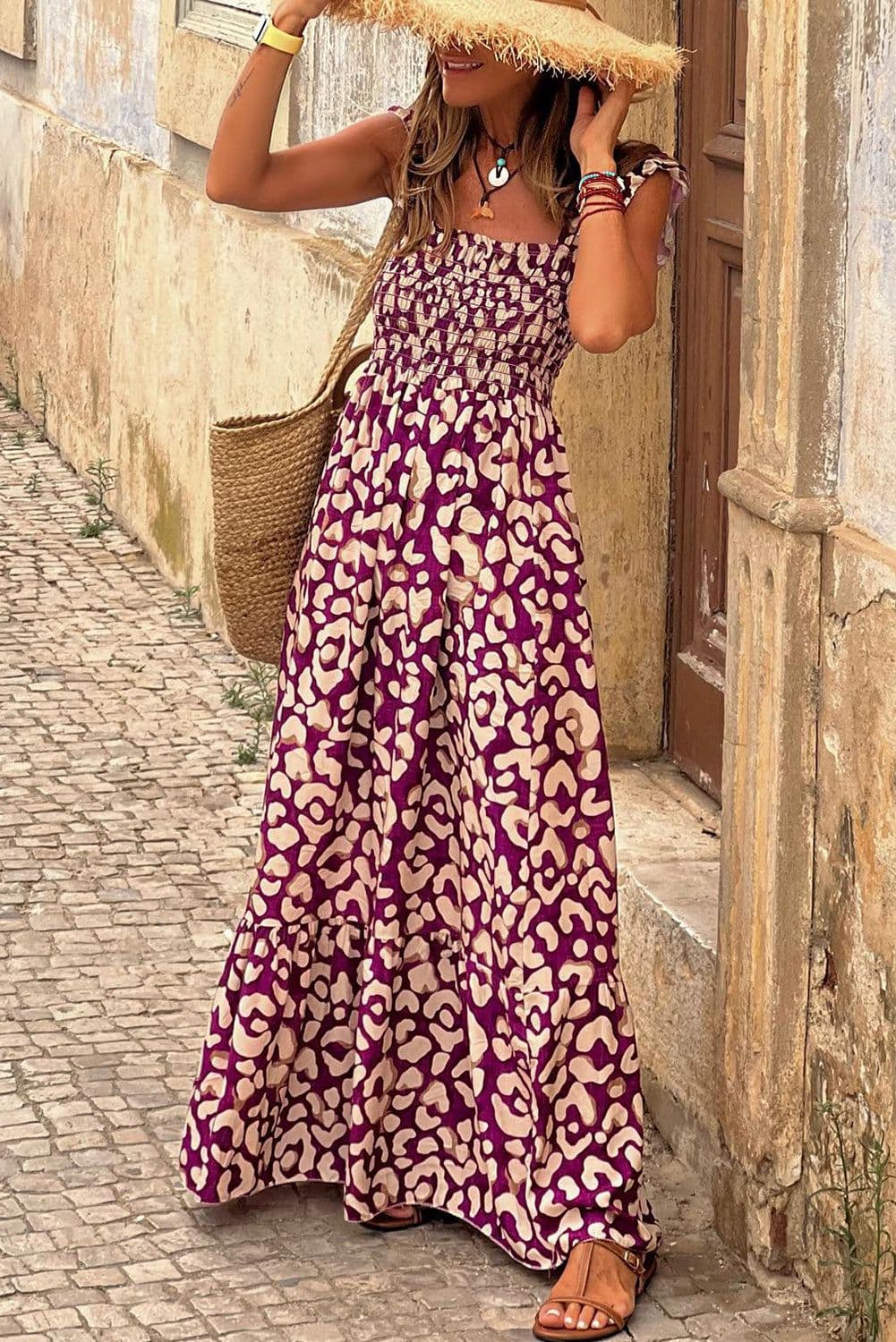 image-Pink Leopard Ruffle Straps Smocked High Waist Long Dress