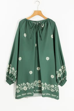 image-Mist Green Tie Neck Boho Floral Puff Sleeve Shift Dress