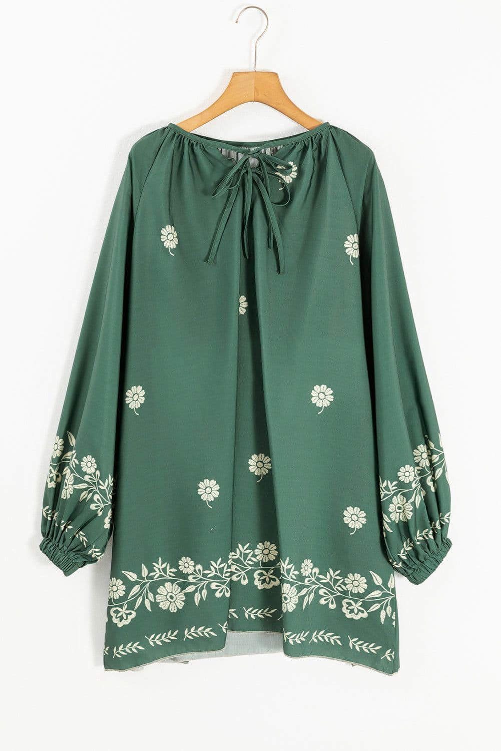 image-Mist Green Tie Neck Boho Floral Puff Sleeve Shift Dress