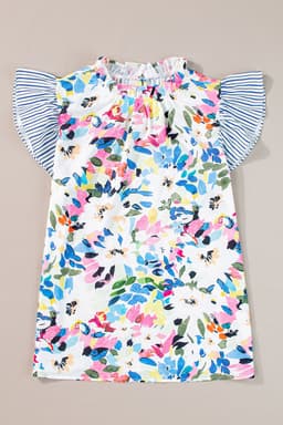 image-Light Blue Floral Print Blouse - Striped Ruffled Sleeves