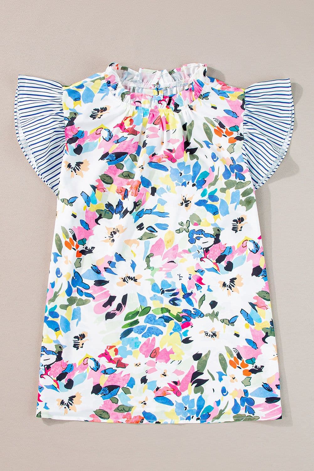 image-Light Blue Floral Print Blouse - Striped Ruffled Sleeves