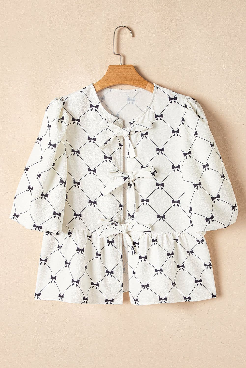 image-White Bowknot Blouse Bubble Sleeve Front Knots