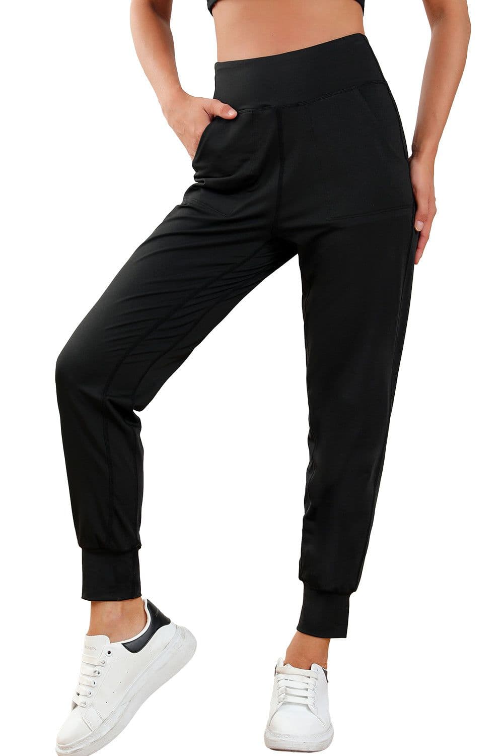 image-Black High Waist Joggers with Exposed Seam & Pockets