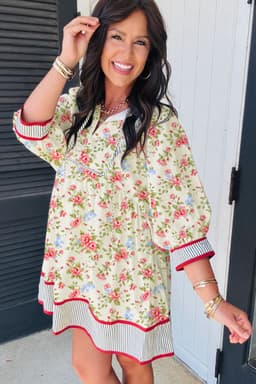 image-Apricot Striped Edge 3/4 Puff Sleeve Floral Dress