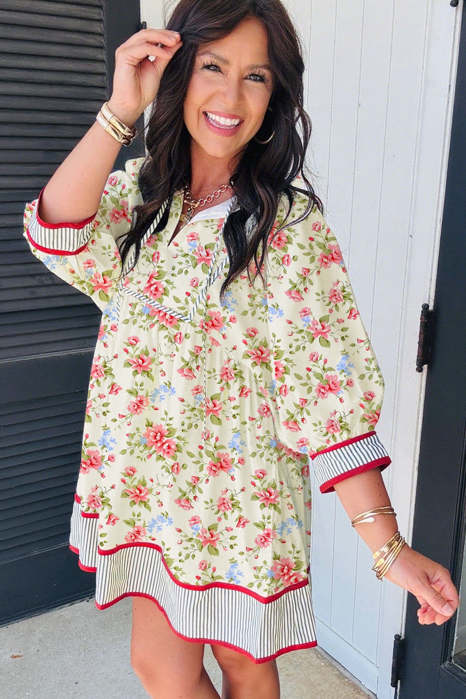 image-Apricot Striped Edge 3/4 Puff Sleeve Floral Dress
