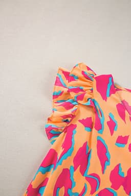 image-Abstract Print V-Neck Blouse - Orange Ruffled Sleeves