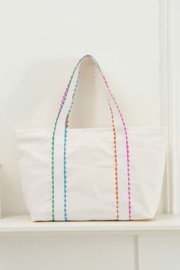 image-White Canvas Tote Bag - Colorful Ricrac Detail