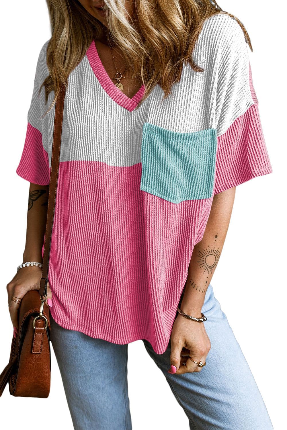 image-Rose Red Color Block Patch Pocket Tee - V Neck Casual Shirt