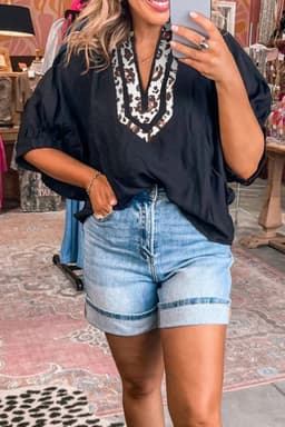 image-Black Dolman Half Sleeve Leopard Patchwork V Neck Blouse