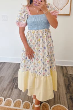 image-Floral Patchwork Long Dress - Square Neck Smocked Bodice