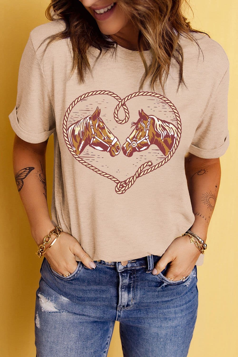 image-Khaki Rodeo Horse Graphic Western Cowgirl Fashion T Shirt