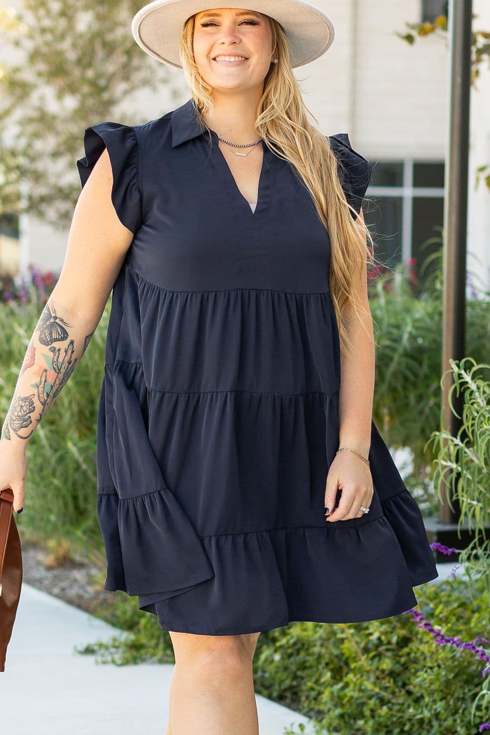 image-Navy Blue Collared V Neck Flutter Sleeve Tiered Dress