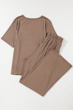 image-Solid Color T-Shirt & Wide Leg Pants Set - 2pcs - Comfortable Fabric
