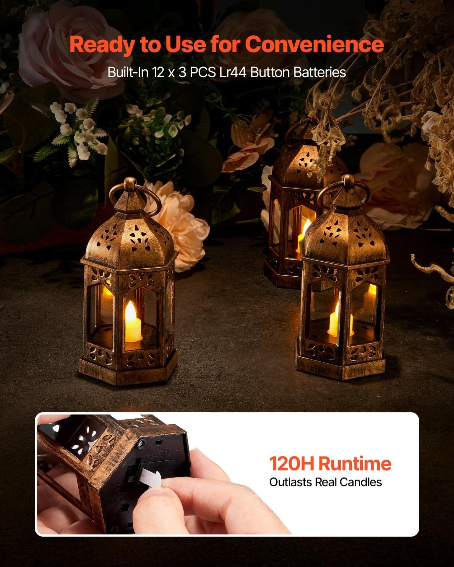 image-VEVOR 12 Pcs Decorative Candle Lantern, LED Electric Flameless Candle, Plastic LED Holder with Glass, Wall Hanging Indoor Porch Lanterns for Wedding Table Party Farmhouse Indoor Decor, Bronze