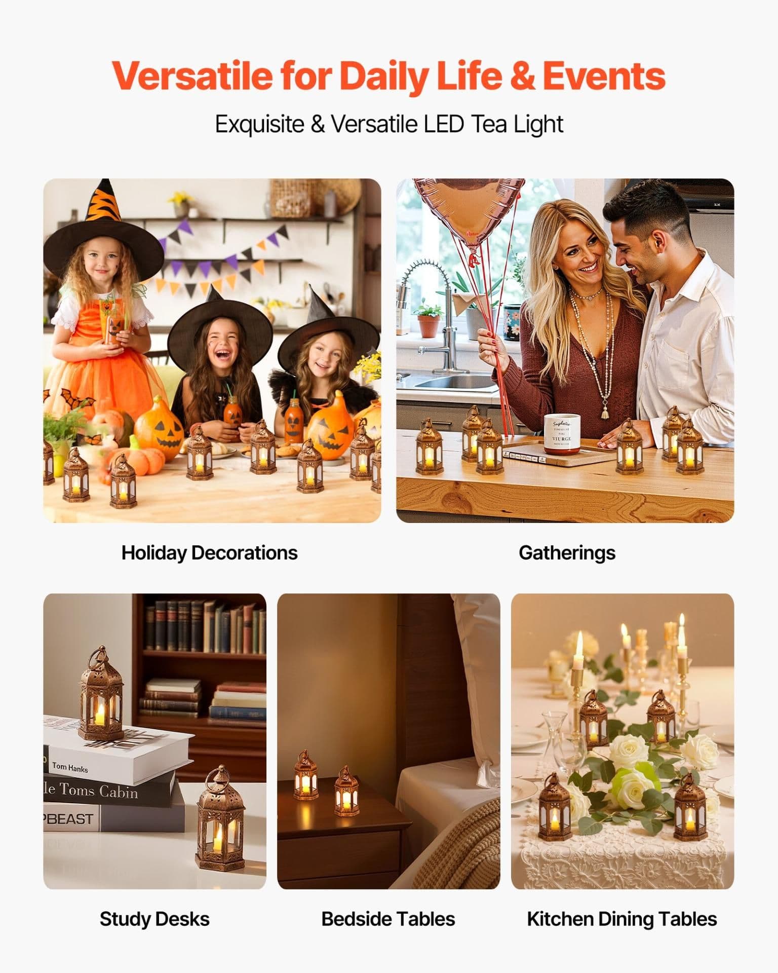 image-VEVOR 12 Pcs Decorative Candle Lantern, LED Electric Flameless Candle, Plastic LED Holder with Glass, Wall Hanging Indoor Porch Lanterns for Wedding Table Party Farmhouse Indoor Decor, Bronze
