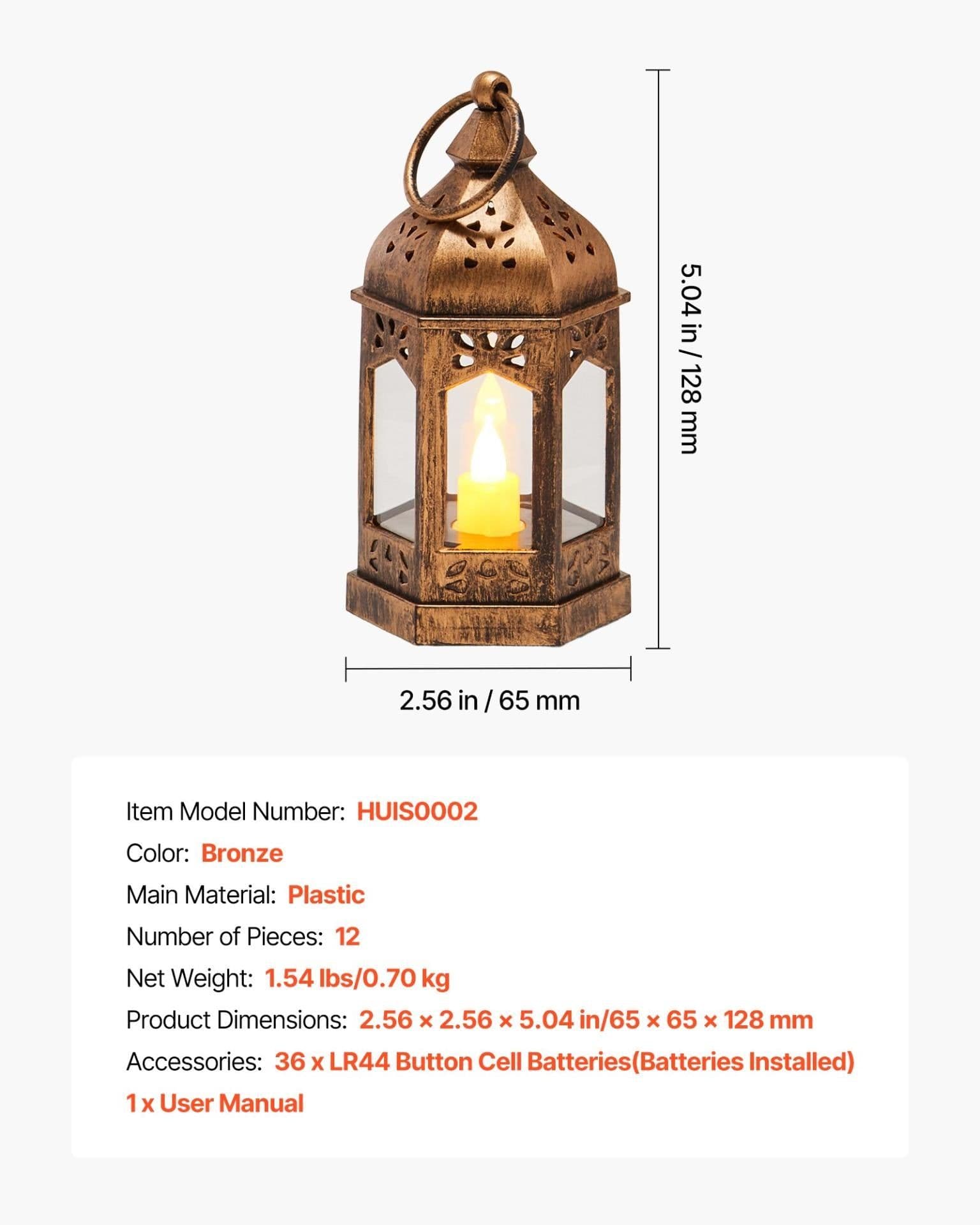 image-VEVOR 12 Pcs Decorative Candle Lantern, LED Electric Flameless Candle, Plastic LED Holder with Glass, Wall Hanging Indoor Porch Lanterns for Wedding Table Party Farmhouse Indoor Decor, Bronze