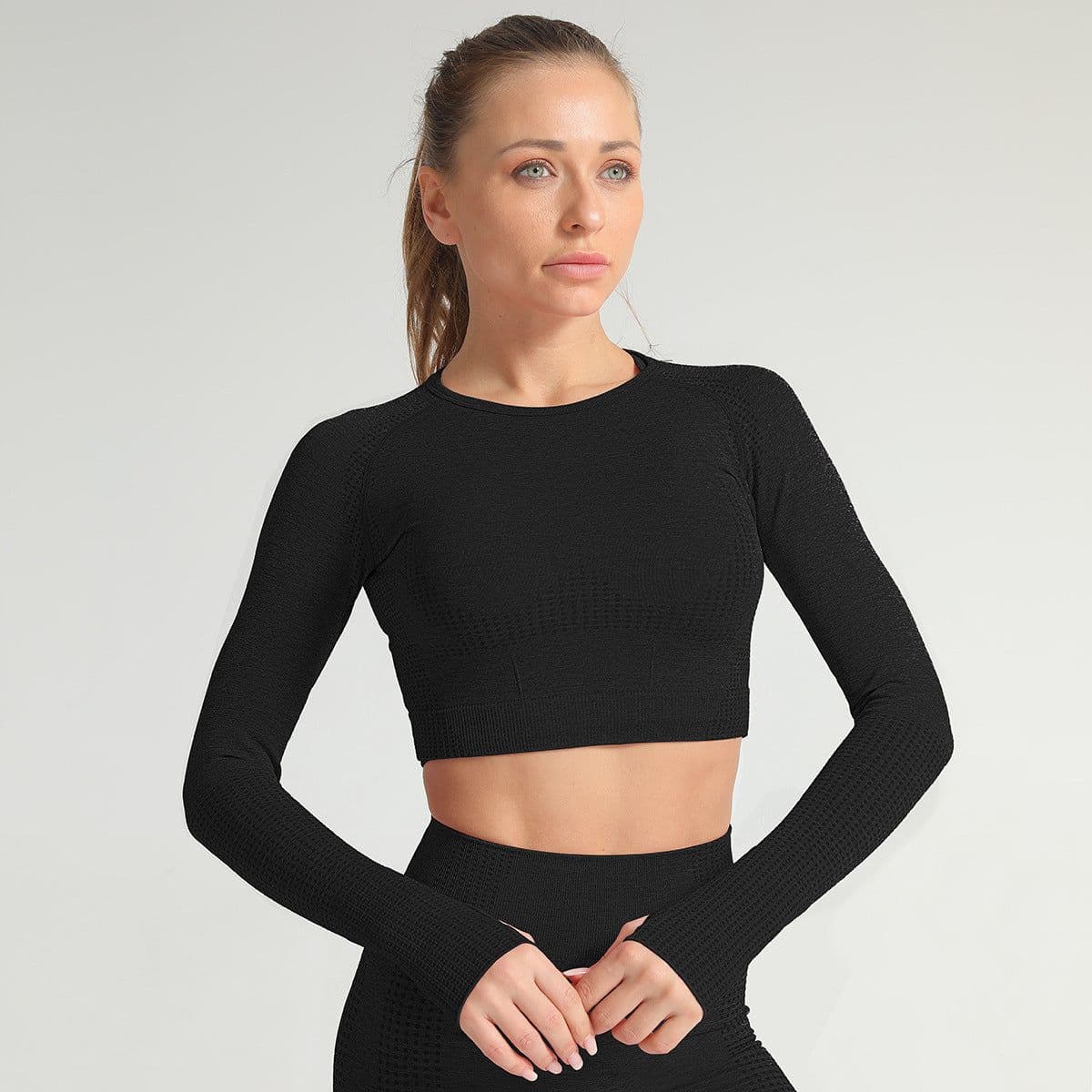 image-High-Elastic Yoga Fitness Clothing - Long Sleeves Dark Gray Women (65 characters)