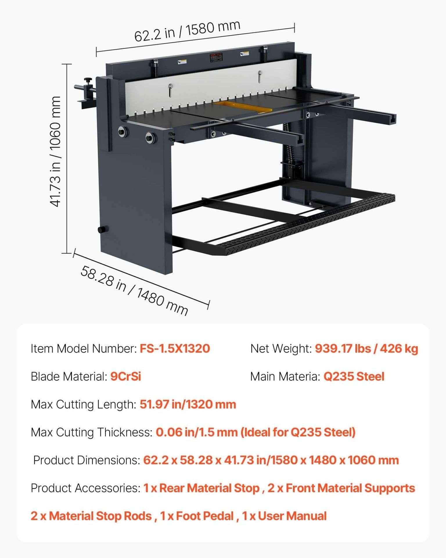 image-VEVOR Foot Stomp Sheet Metal Shear, 52 in Width Manual Floor Shear, with Soild Steel Frame, Adjustable Blade Gap, Material Stops, Foot-Pedal Control for Cutting Steel, Copper, Rebar, and Aluminum