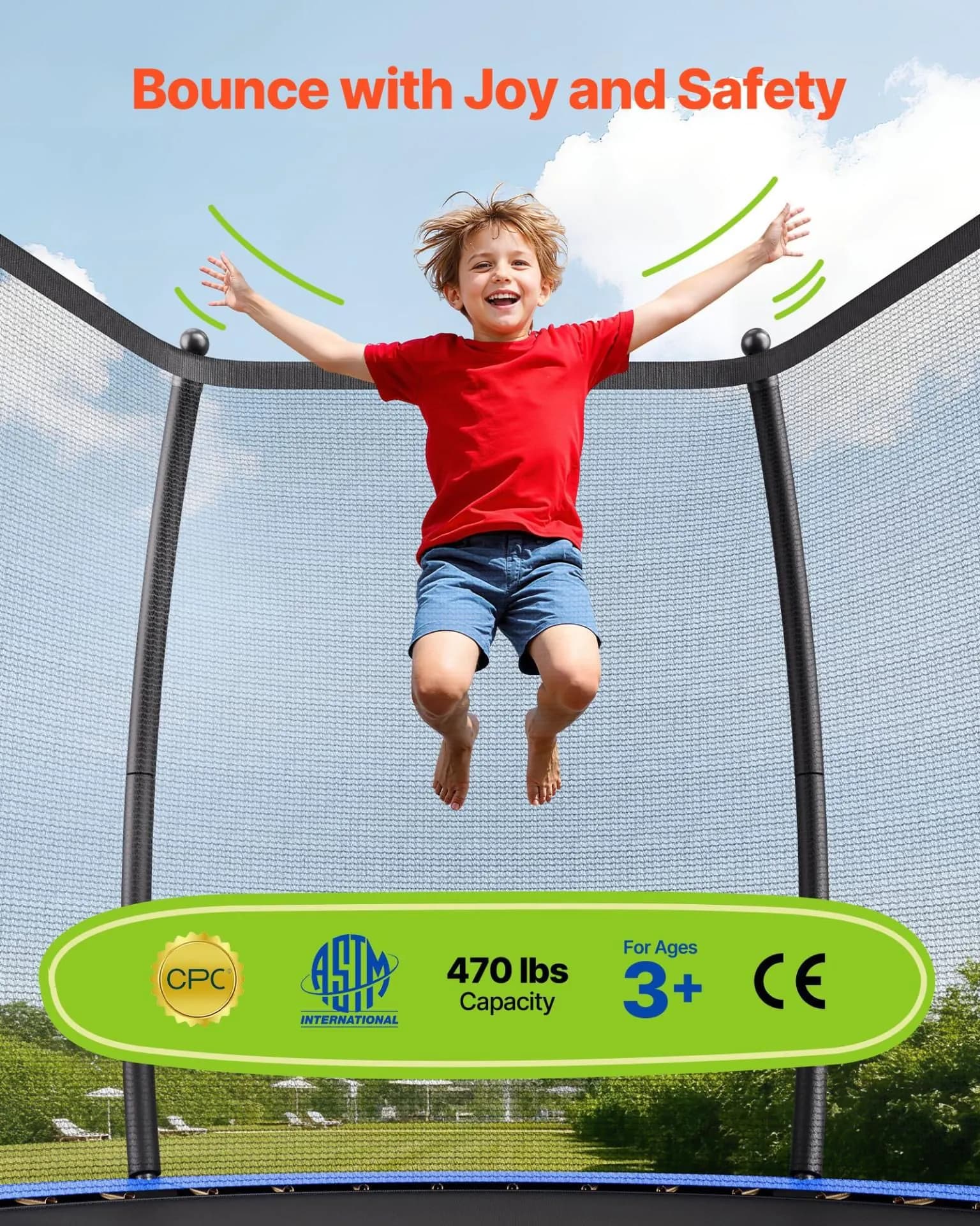 image-VEVOR Outdoor Trampoline, 15FT Recreational Trampoline, ASTM Approved Trampolines with Enclosure Net & Thickened Pad, Max 470 lbs Weight Capacity, Anti-Rust Backyard Trampolines for Kids & Adults