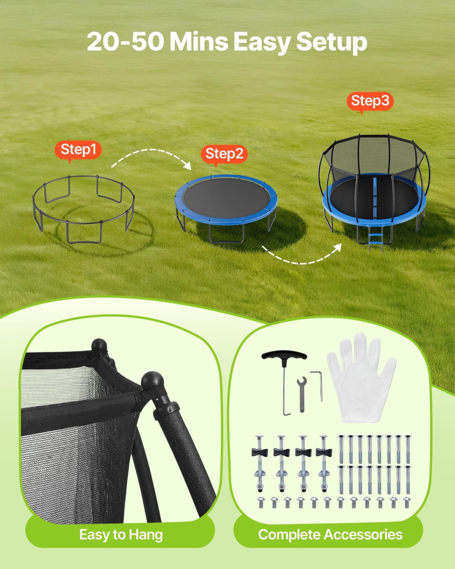 image-VEVOR Outdoor Trampoline, 15FT Recreational Trampoline, ASTM Approved Trampolines with Enclosure Net & Thickened Pad, Max 470 lbs Weight Capacity, Anti-Rust Backyard Trampolines for Kids & Adults