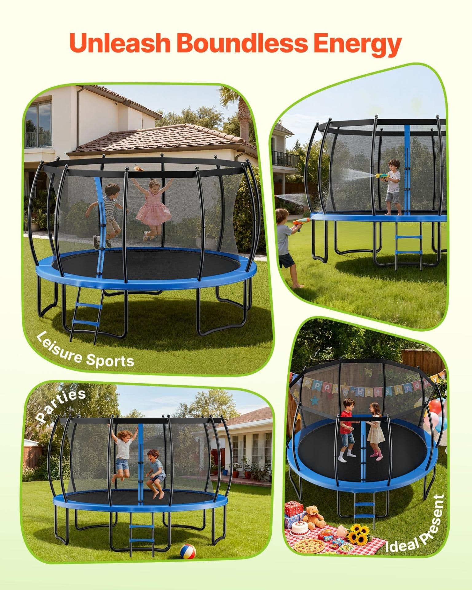 image-VEVOR Outdoor Trampoline, 15FT Recreational Trampoline, ASTM Approved Trampolines with Enclosure Net & Thickened Pad, Max 470 lbs Weight Capacity, Anti-Rust Backyard Trampolines for Kids & Adults