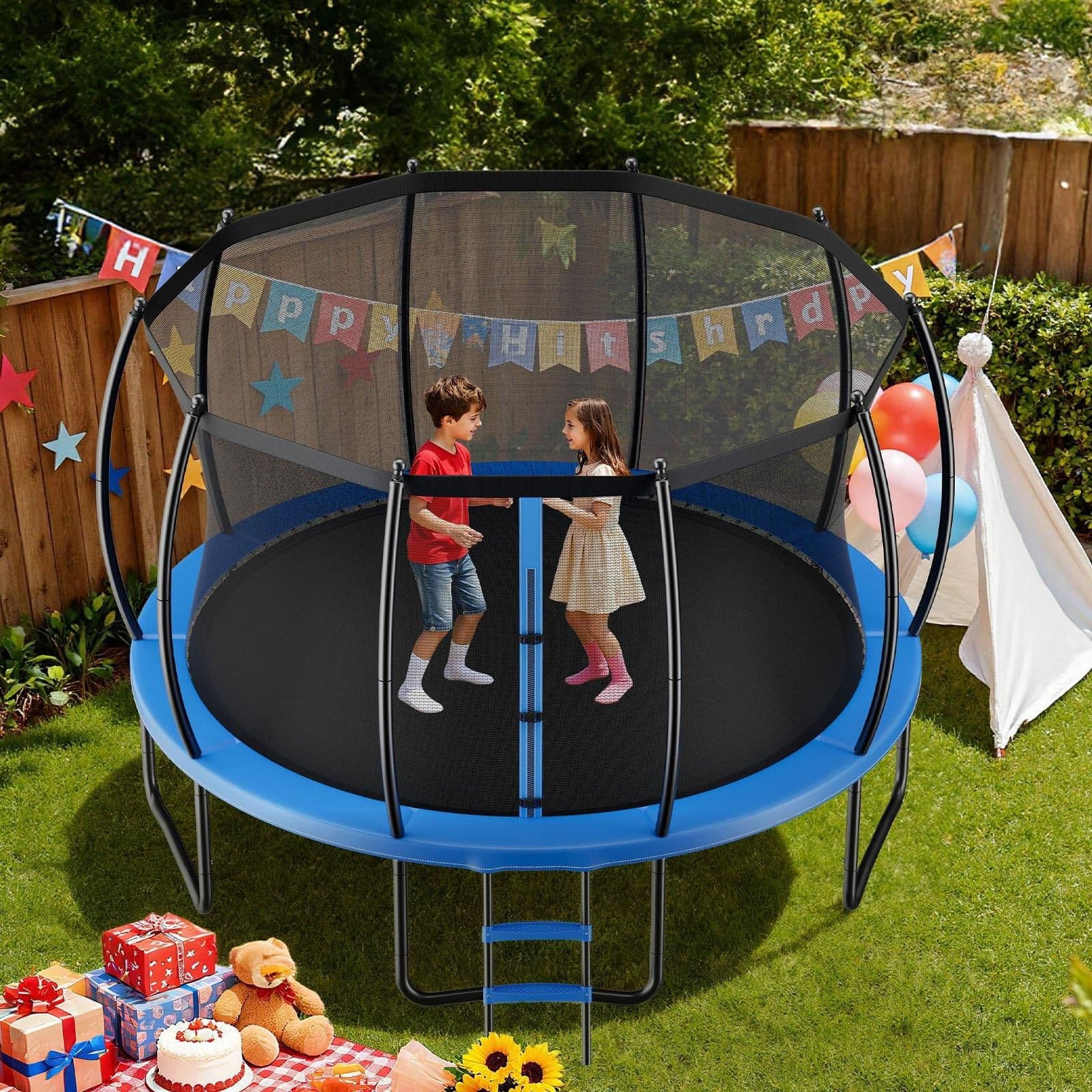 image-VEVOR Outdoor Trampoline, 15FT Recreational Trampoline, ASTM Approved Trampolines with Enclosure Net & Thickened Pad, Max 470 lbs Weight Capacity, Anti-Rust Backyard Trampolines for Kids & Adults